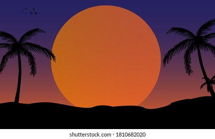Simple landscape illustration with full moon and palm trees for design your web poster, banner, landing page, background, template, etc.