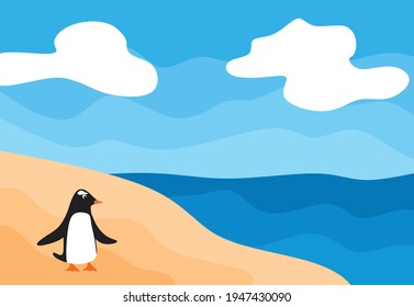 Sencilla ilustración paisajística con un pingüino en la playa