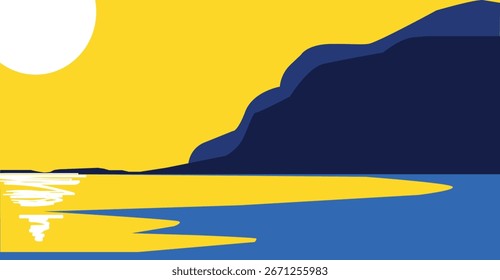 Simple landscape illustration of a sunset over a body of water with a dark mountain silhouette.