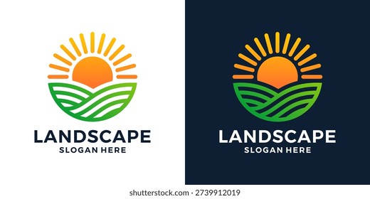 Simple landscape logo design template illustration. Farm and farming logo with sun design graphic vector. Symbol, icon, creative.