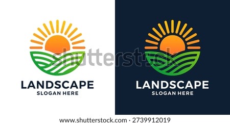 Simple landscape logo design template illustration. Farm and farming logo with sun design graphic vector. Symbol, icon, creative.