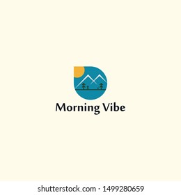 simple landscape modern round tree hill river logo design template