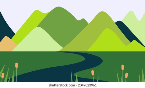 Sencillo paisaje, montañas detrás de la carretera