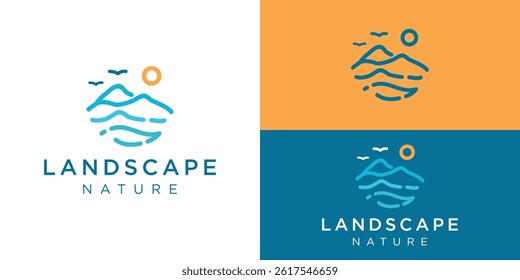 Simple landscape nature logo template. Abstract mountain with line art style logo design vector illustration.