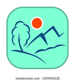A simple landscape of nature: tree, mountains and red sun. Background color aqua menthe. Vector illustration for logo or icon.