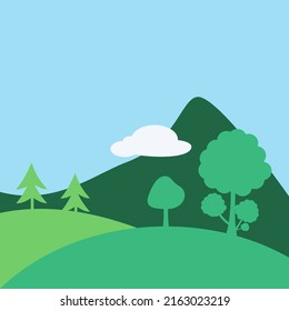 simple landscape outdoor camp background with trees hill mountain clouds leaves and space for text 
