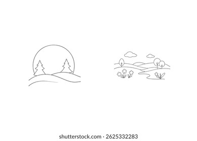 Simple Landscape Outlines With Trees,Flowers,Hills And Clouds Design Elements