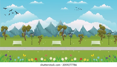 Simple landscape of park with trees and bench, flowers, clouds, birds, road, background, vector illustration in flat design