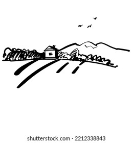 A Simple Landscape. The Road, The House And The Mountains. Sketch. Graphic Drawing. Vector Black And White Illustration Illustration