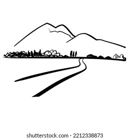 A Simple Landscape. The Road, The House And The Mountains. Sketch. Graphic Drawing. Vector Black And White Illustration Illustration