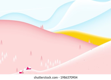 Simple landscape, small village on mountains with blue sky