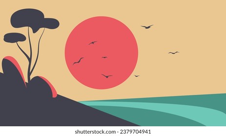 A Simple Landscape with Sunrise and a Lonely Tree. Nature and landscapes vector concept