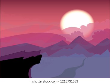 Simple Landscape with sunset. The sun sets over the horizon, the cliff in the foreground. Crimson tones