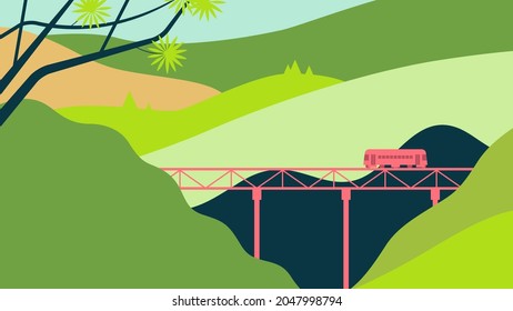 Simple landscape, train on the railway between the mountains