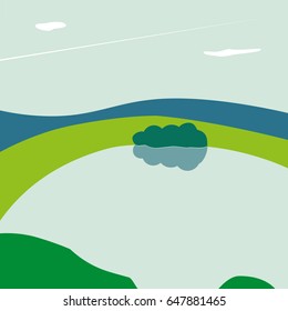 Simple landscape vector illustration, lake, forest, sky, contrail