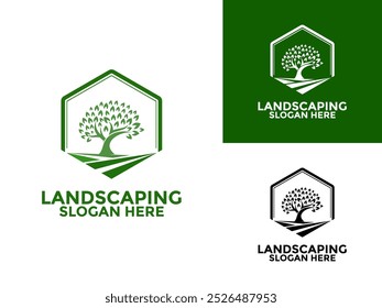 Plantilla simple del diseño del logotipo del paisaje, hexágono con el Vector del logotipo del árbol y de la hierba