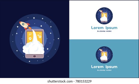 Simple Laptop, Phone, and Mobile Rocket Logo Design template, technology. Logo Design Vector.