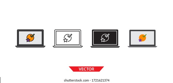 Simple laptop with star, check mark icon on white background 4 types such as outline, black, color, outline and color. Vector illustration.