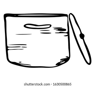 Simple large pan in hand drawing style. Pan is linear in vector format. Capacity for cooking dishes and food. Bowl on a white background in vintage style. Vector stock image, for icons and design.