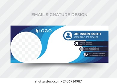 Diseño de firma de correo electrónico corporativo simple y reciente en color azul con formas abstractas