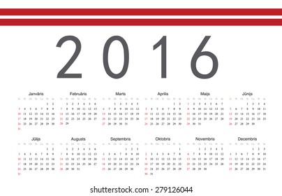 Simple Latvian 2016 year vector calendar. Week starts from Sunday.