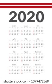 Simple Latvian 2020 year vector calendar. Week starts from Sunday.