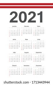 Simple Latvian 2021 year vector calendar. Week starts from Sunday.