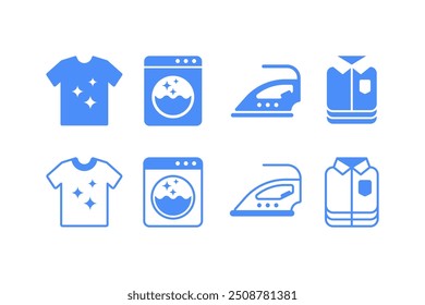 Simple laundry icon set. Clothes, washing machine, ironing, and folded clothes icon