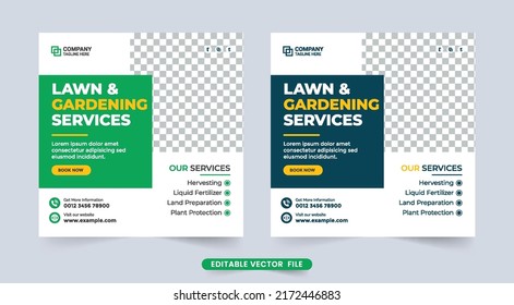 Simple Lawn And Gardening Service Ad Flyer Template. Lawn Mowing And Landscaping Business Social Media Post. Gardening Business Advertisement And Promotion Banner Design Vector.