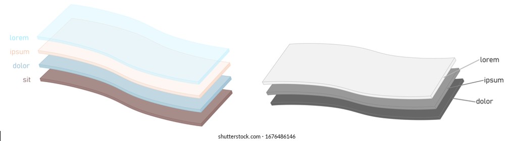 Simple layers or fabric diagram. Two versions one layer is transparent, sheets are slightly bent - Shutterstock ID 1676486146