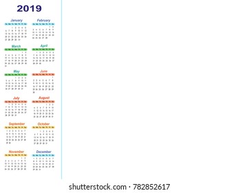 Simple layout of Calendar temple for 2019 (left)
