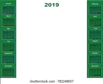 Simple layout of green Calendar temple for 2019 from both sides with stylization for stereo effect