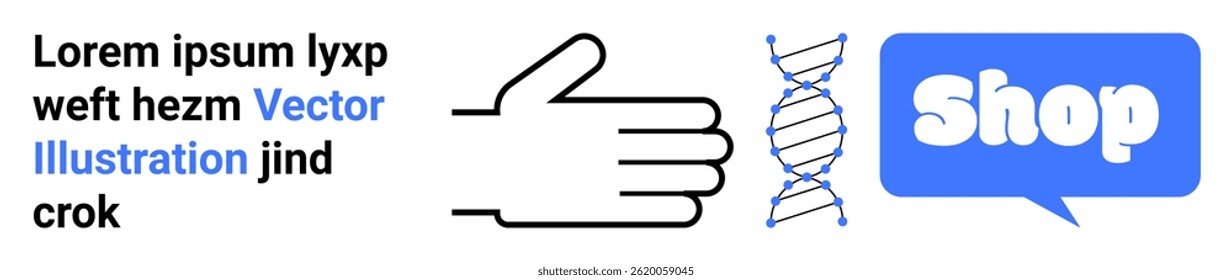 Simple layout with a hand symbol, DNA helix, and a speech bubble containing the word shop. Ideal for biotechnology, e-commerce, genetic research, online shopping, and promotional websites. Banner