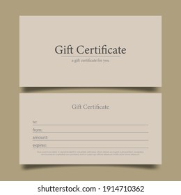 Diseño simple, vale de regalo minimalista, ilustración vectorial. Certificado de doble cara de un color. Documento de venta de servicio