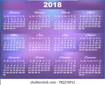 Simple layout of violet Calendar temple for 2018 with big numbers