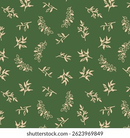 Simple leaf elements seamless repeat pattern. Random placed, doodled vector herb leaves all over surface print on sage green