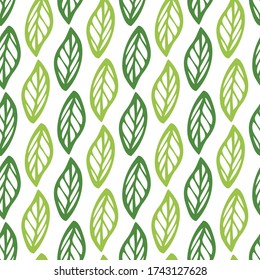 Simple Leaf Foliage Illustration Green Monochrome Seamless Pattern Background Wallpaper. Hand-drawn Plant Pattern for Textile, fabric, paper, print, interior, decor and more.