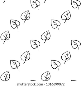 Simple leaf. Hand drawn black line seamless pattern on white background. Doodle brush, pen, marker illustration.