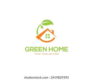 Simple leaf and house for eco green home logo design concept vector template.