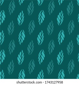 Simple Leaf Leaves Foliage Illustration Blue Monochrome Seamless Pattern Background Wallpaper. Hand-drawn Plant Pattern for Textile, fabric, paper, print, interior, decor and more.