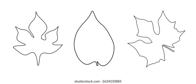 Simple Leaf Line Art Featuring Three Unique Natural Shapes