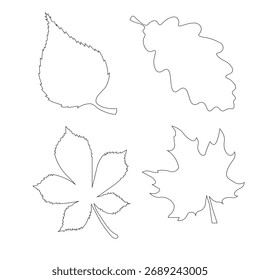 Ilustración de arte de línea de hoja simple que muestra diferentes contornos de hojas para diseños naturales y botánicos.
