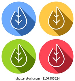 Simple leaf. Linear icon, thin outline. Set of white icons with long shadow on blue, orange, green and red colored circles. Sticker style