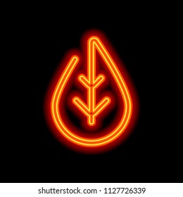 Simple leaf. Linear icon, thin outline. Orange neon style on black background. Light icon