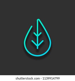 Simple leaf. Linear icon, thin outline. Colorful logo concept with soft shadow on dark background. Icon color of azure ocean
