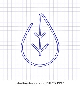 Simple leaf. Linear icon, thin outline. Hand drawn picture on paper sheet. Blue ink, outline sketch style. Doodle on checkered background