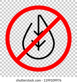 Simple leaf. Linear icon, thin outline. Not allowed, black object in red warning sign with transparent background