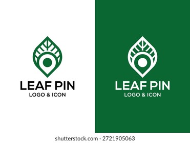 Vector simple del diseño del icono del logotipo de la hoja con el estilo limpio y moderno del perno de la ubicación