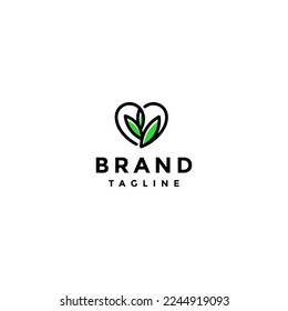 Simple Leaf Love Logo Design. Foliage Natural Icon Inside Heart Symbol Design.