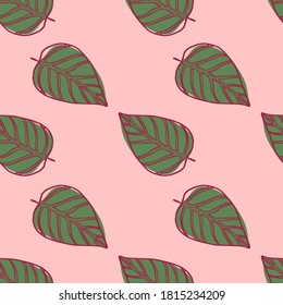 Simple leaf ornament seamless pattern. Green floral shapes with red contour on light pink background. Designed for wallpaper, textile, wrapping paper, fabric print. Vector illustration.